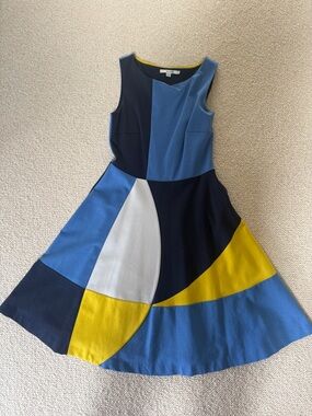 Boden Colorblock Fit & Flare Dress in Blue, Navy, Yellow & White
